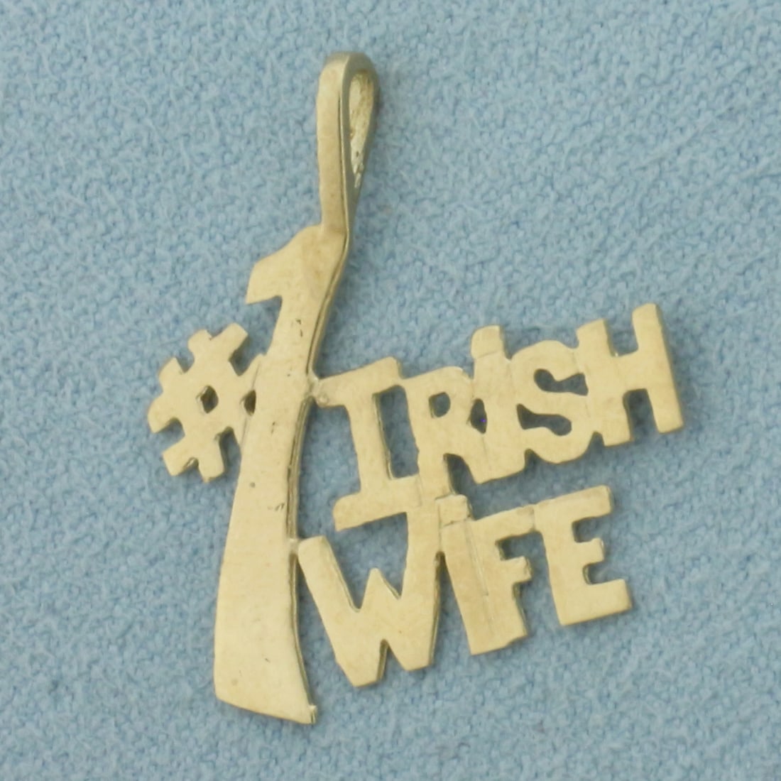 Number One #1 Irish Wife Pendant in 14k Yellow Gold: In 14k Yellow Gold. 1 inch long. 1 inch wide. 1.0g.