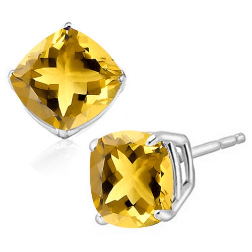 8MM Cushion Citrine Earrings in Sterling Silver: In platinum over .925 sterling silver basket mountings with friction backs included. Contains 2 cushion cut Citrine gemstones with excellent color and clarity, approx. 3.8CTW, 8mm each. 2.2g