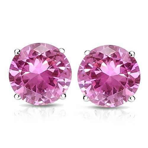 8MM Round Lab Pink Sapphire Earrings in Sterling Silver: In platinum over .925 sterling silver basket mountings with friction backs included. Contains 2 round cut lab created genuine Pink Sapphire gemstones with excellent color and clarity, approx. 4.5CTW, 
