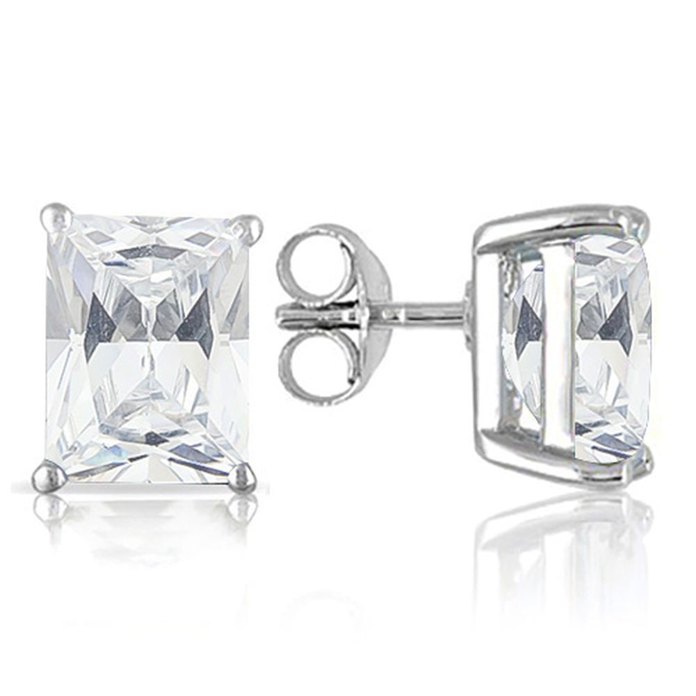 6X4MM Emerald Cut White Topaz 1.3CTW Stud Earrings in Sterling Silver: In platinum over .925 sterling silver basket mountings with friction backs included. Contains 2 emerald cut white topaz gemstones with bright white color and clarity, approx. 1.3CTW, 6x4mm each. 1.1g