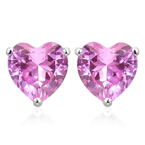 6MM Heart Lab Pink Sapphire Earrings in Sterling Silver: In platinum over .925 sterling silver basket mountings with friction backs included. Contains 2 heart cut lab created Pink Sapphire gemstones with excellent color and clarity, approx. 1.9CTW, 6mm each
