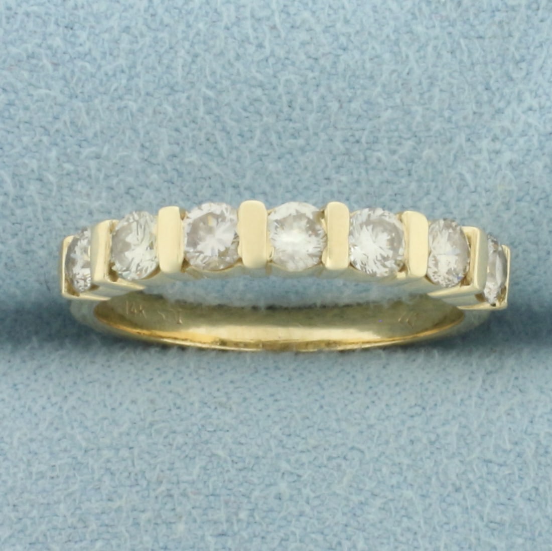 Bar Set Diamond Wedding or Anniversary Band Ring in 14k Yellow Gold: In 14k Yellow Gold. Contains seven 1/8ct high quality diamonds, 7/8ct TW, SI clarity/I color. Size 7.5. 3.0g.