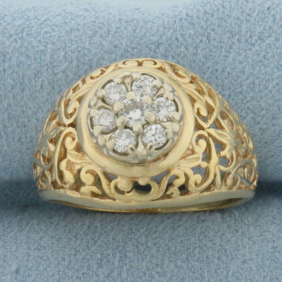 Diamond Filigree Ring in 14k Yellow Gold: In 14k yellow gold. 15mm wide at top of ring. Contains seven high quality diamonds, 1/2ct TW, VS clarity/G color. Size 9. 6.2g.