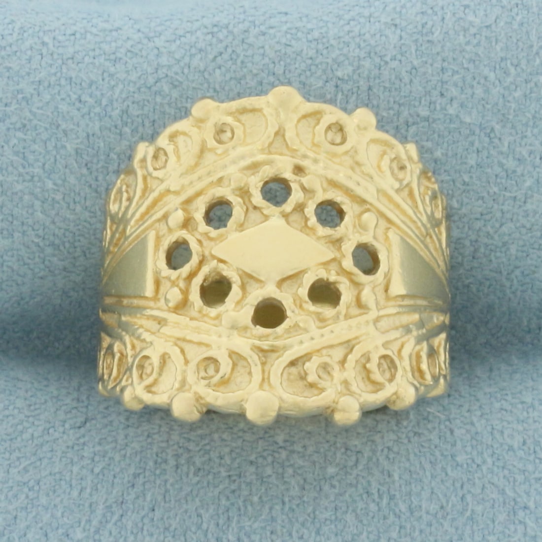 Filigree Wide Band Ring in 14k Yellow Gold: In 14k Yellow Gold. 20mm wide (at widest point). Size 7 1/4. 10.2g.