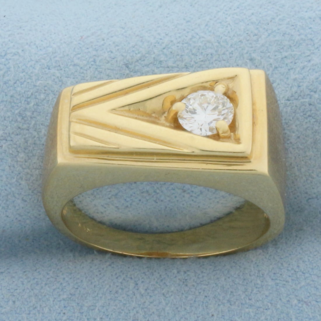 Mens Solitaire Diamond Statement Ring in 14k Yellow Gold: In 14k yellow gold. Contains one high quality 1/2ct Round Brilliant Diamond, VS clarity/F color. Size 10. 13.0g.