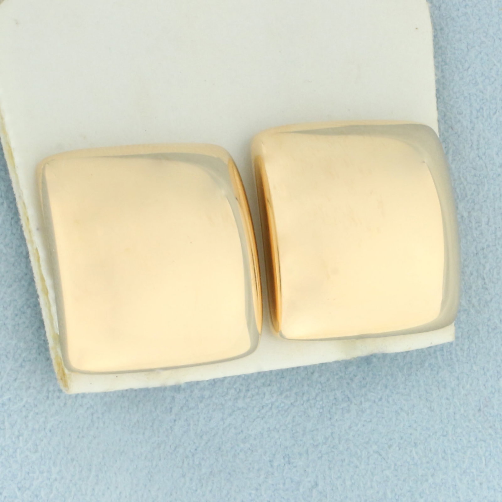 Isabelle Fa Designer Coussinet 20MM Square Minimalist Earrings in 18k Rose Gold: In 18k rose gold. Earrings were converted to post backs. (originally omega backs). 14k Yellow gold oversized friction backs. MSRP on website $6,300. 15.1g.
