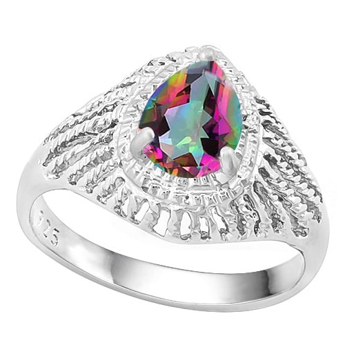 Over 1CT Mystic Topaz and Diamond Filigree Ring in Sterling Silver: In platinum over .925 sterling silver. Contains one pear cut mystic topaz gemstone, 1.2cts, and two genuine diamonds, .01ctw. Size 7. 3.2g