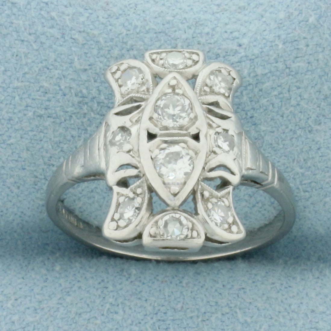 Antique Art Deco Old European Cut Diamond Ring in Platinum: In Platinum. Contains two Old European cut and eight single cut high quality diamonds, 1/2ct TW, SI clarity/H color. 16.2mm wide at top of ring. Size 6.75. 4.9g.