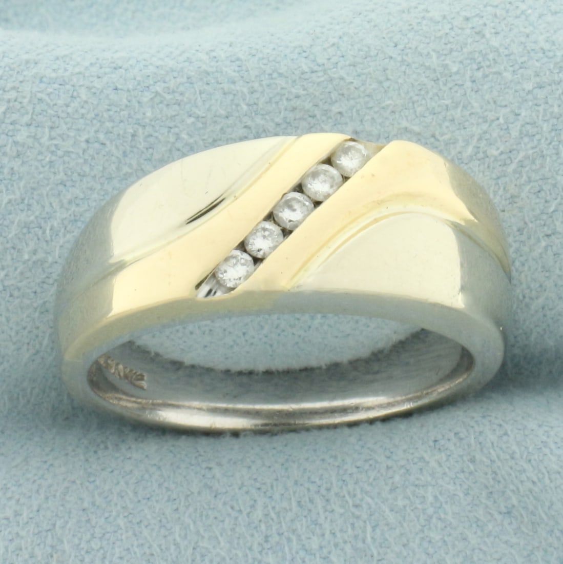 Mens Diagonal Set Diamond Two Tone Wedding Band Ring in 14k White and Yellow Gold: In 14k White and Yellow Gold. Contains five high quality .03ct diamonds, SI clarity/H color. 9mm wide at center. Inscription on inner part of band: "Eternally Yours". Size: 10.5. 10.6g.