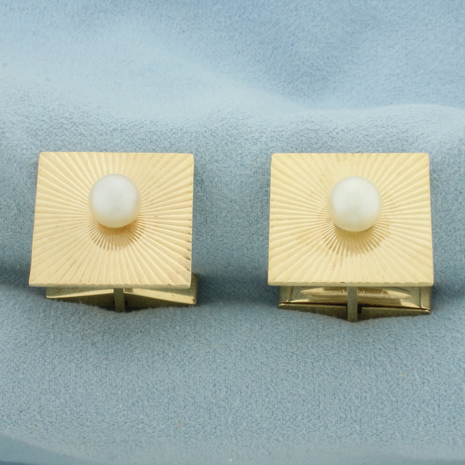 Cultured Pearl Square Mens Cufflinks in 14K Yellow Gold: In 14k yellow gold. 3/4 inch wide by 3/4 inch high. Contains 2 high quality 6.5mm Cultured Pearls with high luster. 11.9g.