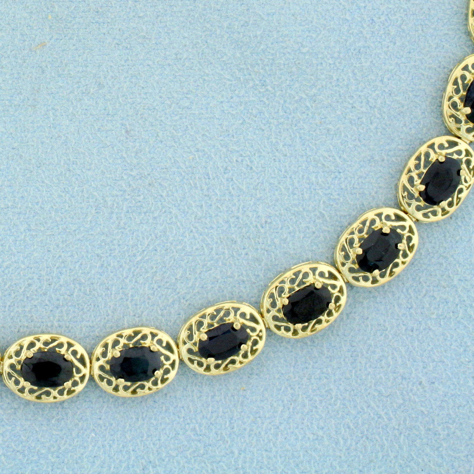 Vintage Filigree Natural Sapphire Line Tennis Bracelet in 10K Yellow Gold