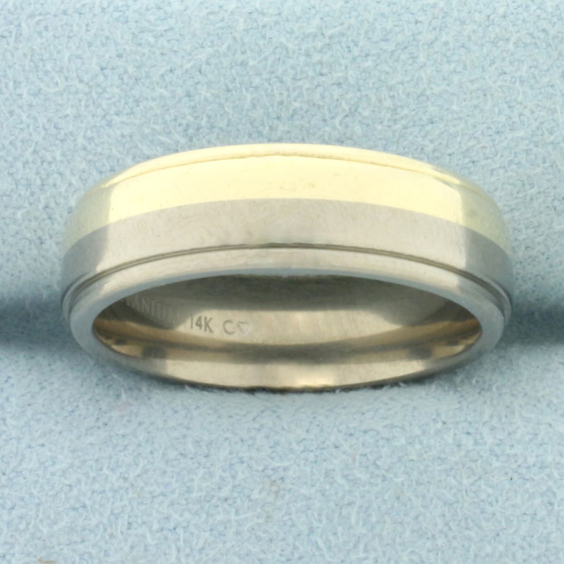 Comfort Fit Titanium and 14k Gold Mens Wedding Band Ring: In 14k Yellow Gold and Titanium. 6.8mm wide. Comfort fit. Size 10.5. 5.5g.