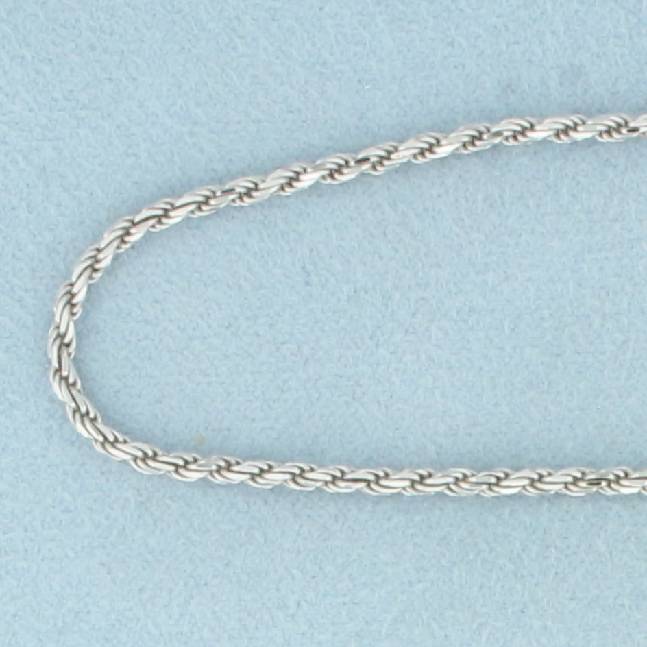 16 Inch Italian Rope Link Chain Necklace in 14k White Gold: In 14k White Gold. 16 inches long. 1.7mm thick. Italian made. Squared barrel clasp with safety latch. 6.5g.