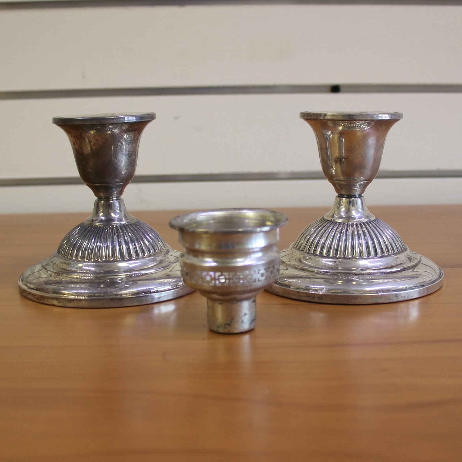 Fisher Silversmiths Hurricane Lamp Candlestick Holders Set of 2 in .925 Sterling Silver: In .925 Sterling Silver, weighted. 2 bases measuring 4 inches in diameter. Also includes one original sterling bobeche that can be used if preferred to catch wax drippings. 811.7g.