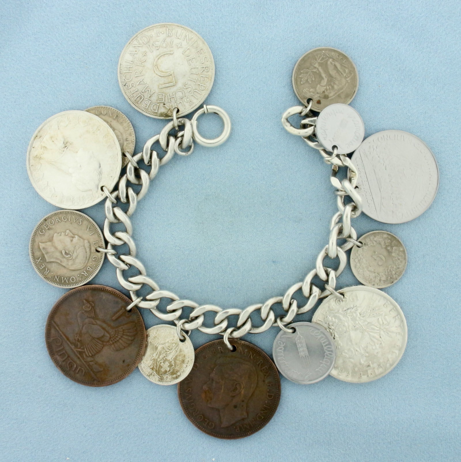 Vintage European Coin Charm Bracelet in Sterling Silver (1 of 2)