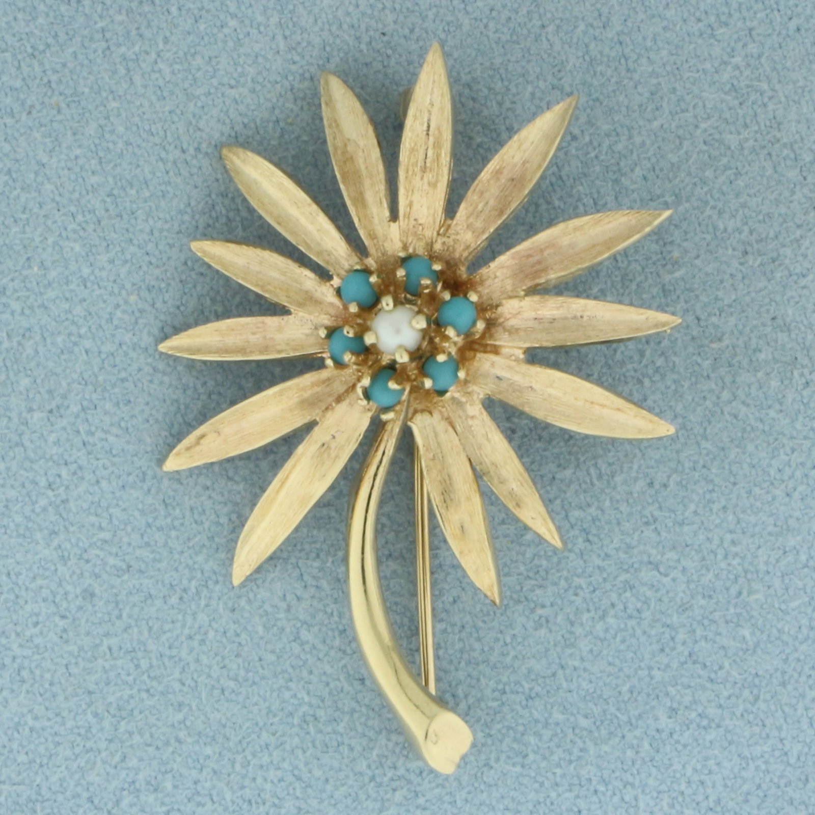 Turquoise and Pearl Flower Brooch Pin in 14K Yellow Gold: In 14k yellow gold. 1 1/2 inch high by 1 1 /8 inch wide. Contains 1 high quality 3mm seed pearl with high luster and 6 high quality2.4mm Turquoise gemstones with baby blue color. 5.3g.