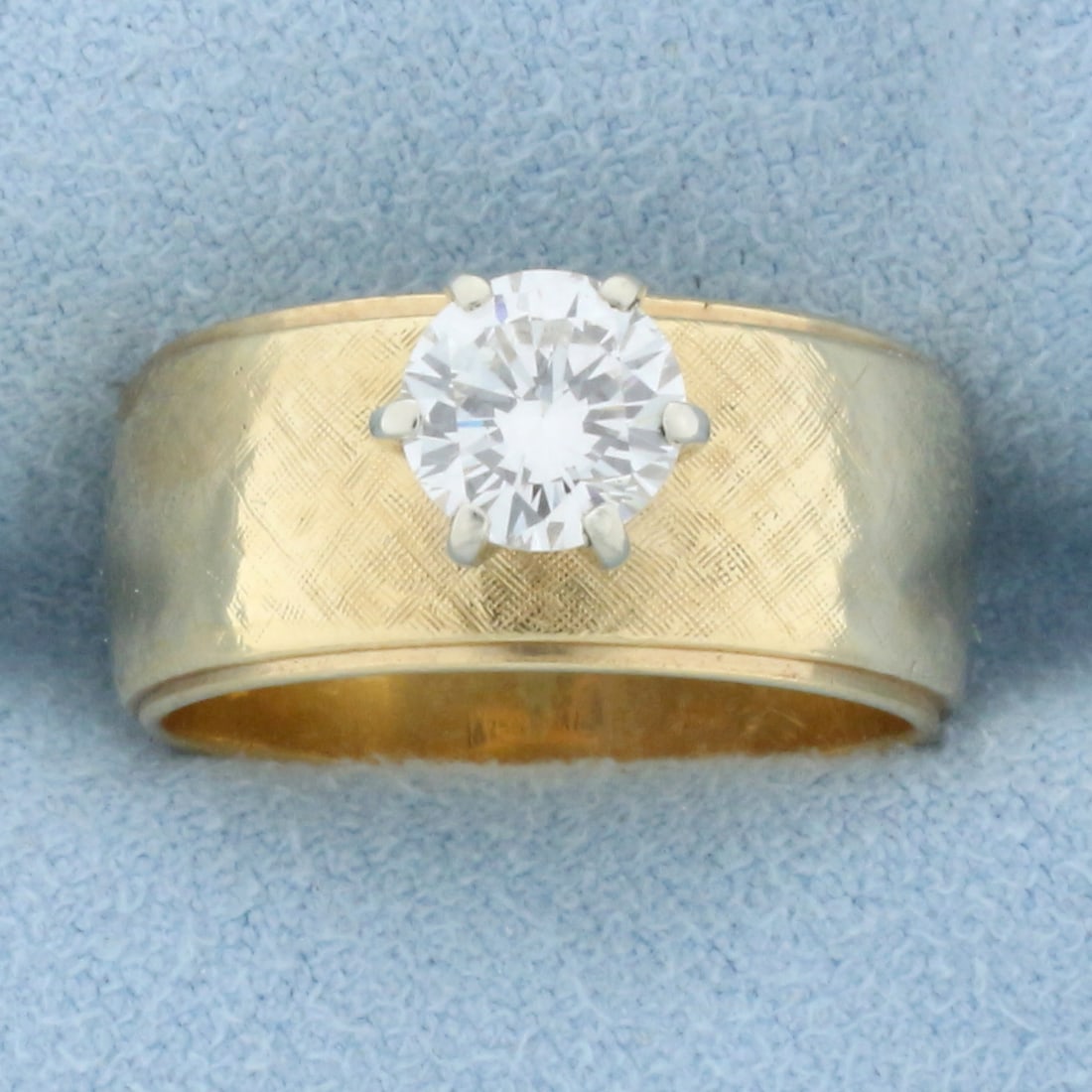 Wide Band 3/4ct Diamond Solitaire Ring in 14k Yellow Gold: In 14k gold. Contains a high quality 3/4ct round brilliant diamond, VS2 clarity/F color, great cut for lots of sparkle. Size 6. 8.0g.