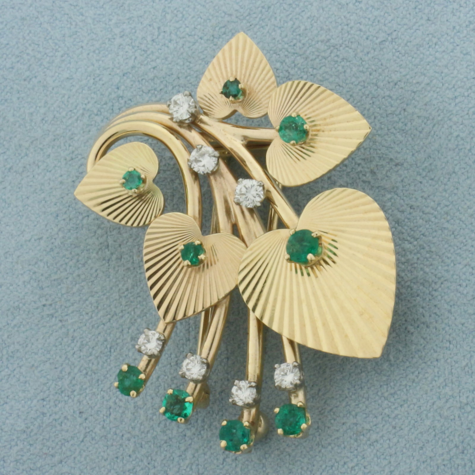 Emerald and Diamond Heart Leaves Pin in 14k Yellow Gold (1 of 2)