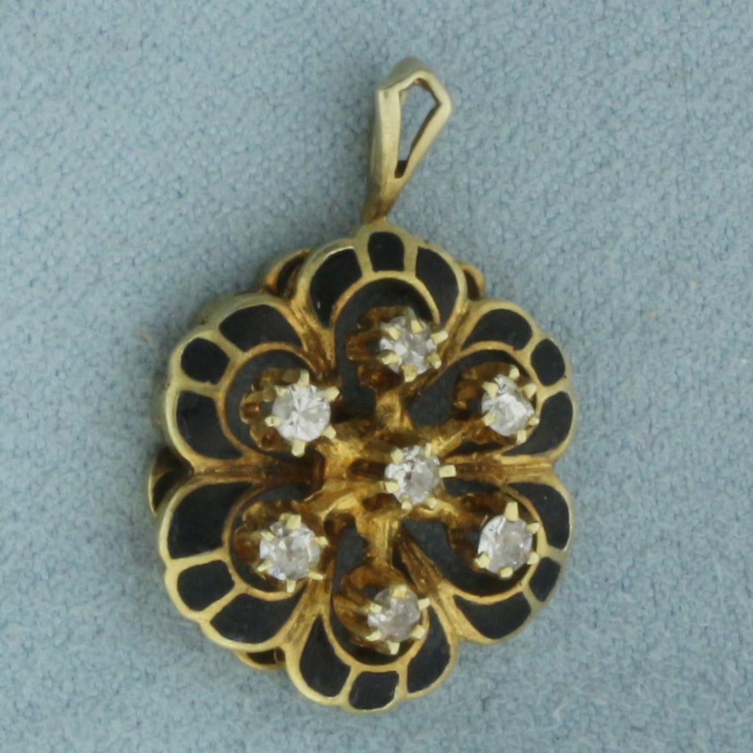 Antique Old European Cut Diamond and Enamel Pendant In 14K Yellow Gold: In 14k yellow gold. 1 inch long (including bail) by 5/8 inch wide. Contains 7 high quality natural Old European Cut Diamonds, 1/2ct TW, SI clarity/H color. Enamel inlay details. 5.2g.