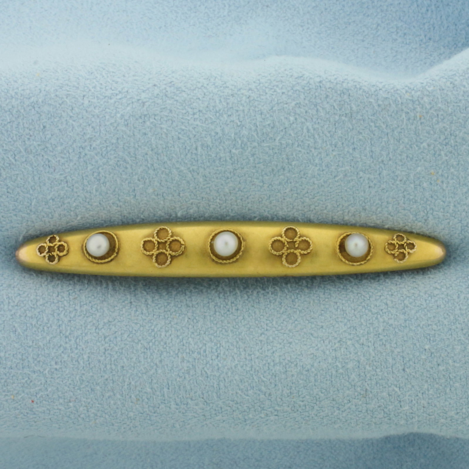 Numbered Antique Seed Pearl Pin in 14k Yellow Gold: In 14k yellow gold. 2 inches wide by 1/4 inch high with 3 high quality seed pearls. Etched with "5460". 3.2g.