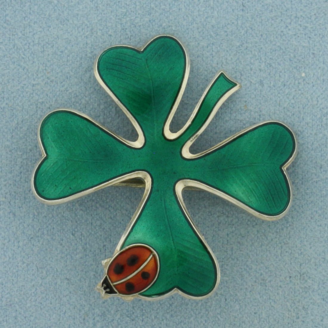 David Andersen Norway Four Leaf Clover Ladybug Brooch Pin Pendant in Sterling Silver: In .925 sterling silver. 1 3/8 inches long by 1 1/4 inch wide with enamel detailing. 7.9g.