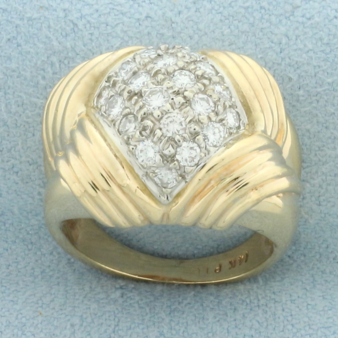Designer L. Priori Celia Diamond Ring in 14k Yellow Gold: In 14k yellow gold. Contains twenty high quality diamonds, 1/2ct TW, VS clarity/G color. 14.5mm wide at widest. Size 4. 8.6g.