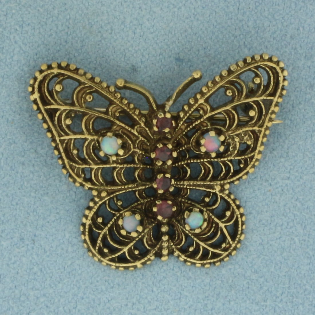 Vintage Opal and Ruby Butterfly Brooch Pin in 14K Yellow Gold (1 of 2)