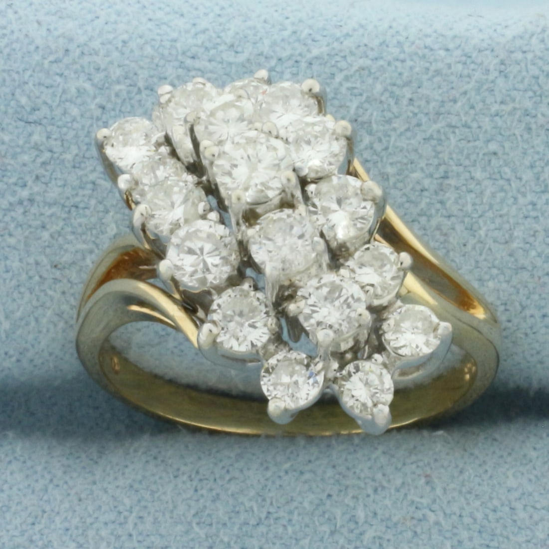 1.5ct Diamond Waterfall Ring in 14k Yellow Gold: In 14k Yellow Gold. Contains nineteen high quality diamonds, 1.5ct TW, SI clarity/H color. 18mm wide at widest. Size 8.75.