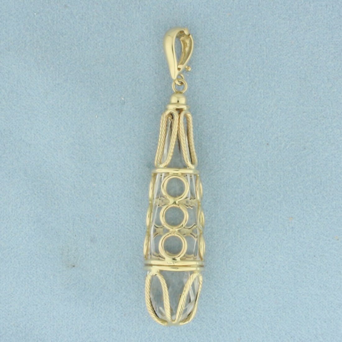 Italian White Crystal Pendant in 14K Yellow Gold: In 14k yellow gold. Italian made. 2.5 inches long (including bail) by 1/2 inch wide. 1 elongated faceted teardrop crystal gemstone, 45x11mm. Hinged bail that opens for easy on/off. 9.3g.
