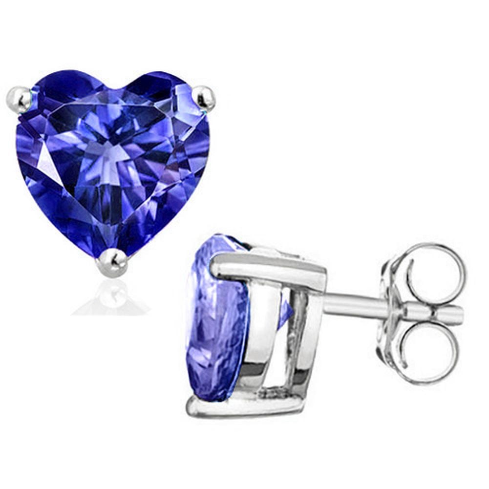 5MM Heart Cut Lab Tanzanite 1.2CTW Stud Earrings in Sterling Silver: In platinum over .925 sterling silver basket mountings with friction backs included. Contains 2 heart cut lab tanzanite gemstones with excellent color and clarity, approx. 1.2CTW, 5mm each. 1.1g