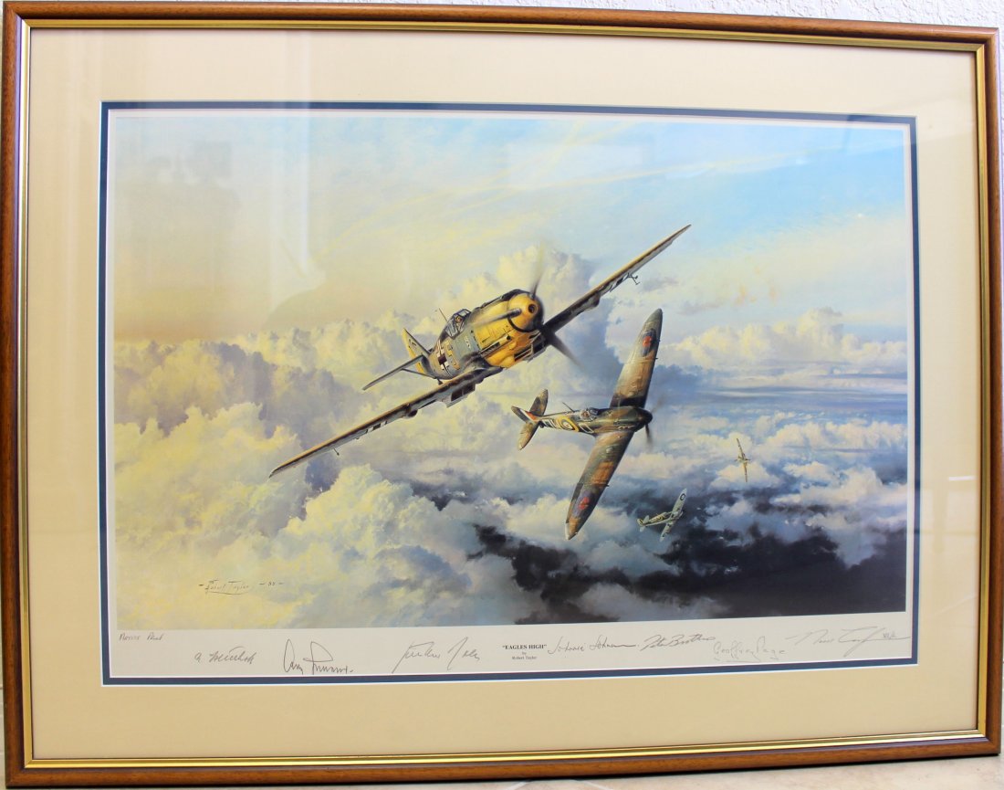 Robert Taylor original print "Eagles High" print no. AP: This commemorative Edition, rare long out of print, signed by 6 battle of Britain ace's and Robert Taylor. The image depicts the famed ME-109, and the Spitfire in action. This is said to be one of the