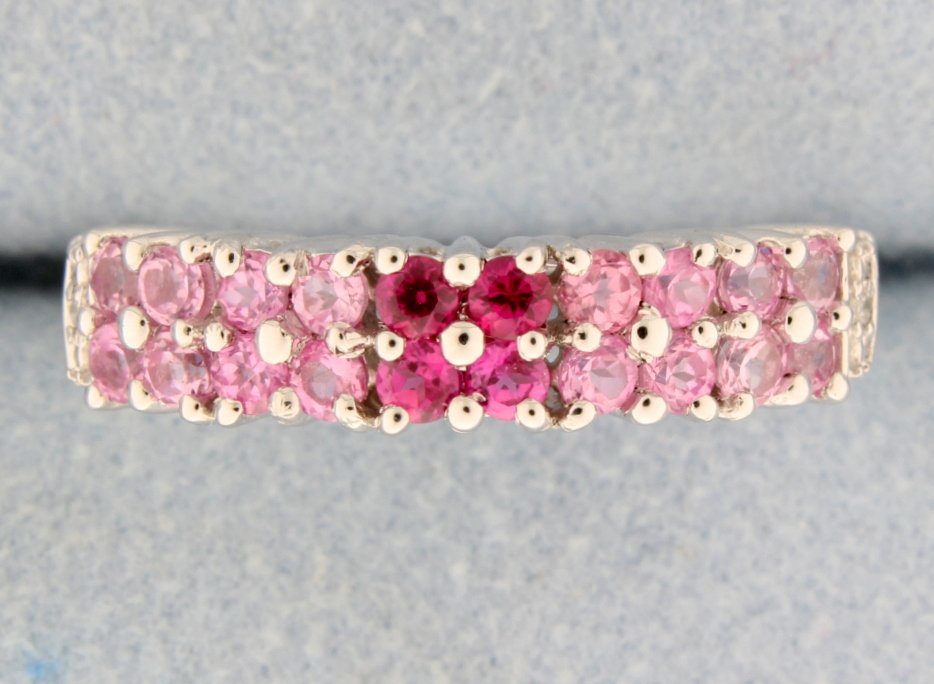 10k white gold ring with Pink Topaz and Ruby: Darling 10k white gold band style ring with gorgeous Rubies and Pink Topaz gemstones and accented with diamonds 2.5g