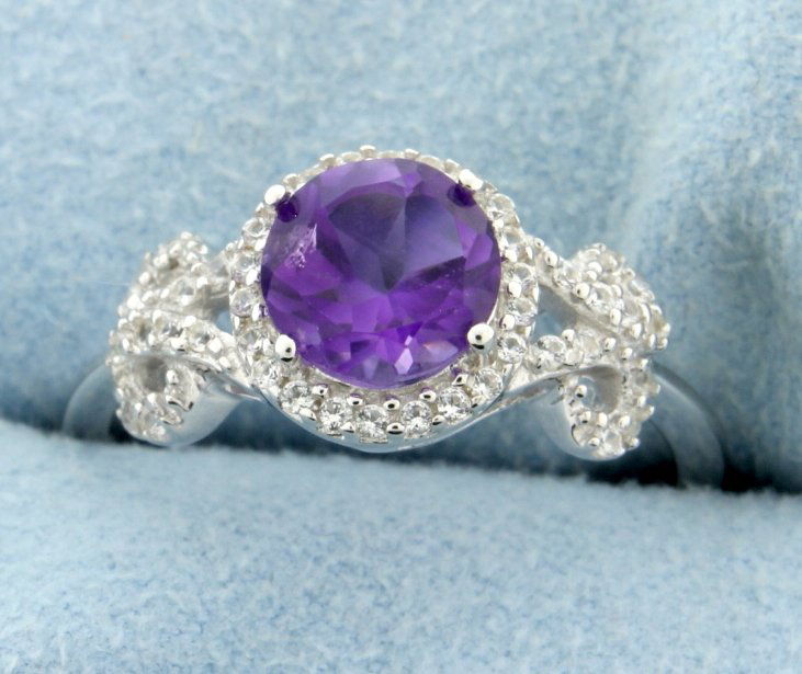 Checkerboard cut genuine Amethyst ring: Gorgeous sterling silver ring with beautiful 2 carat checkerboard cut round genuine Amethyst gemstone set in a vintage style setting decorated in white sapphires. Size 8 2.6g