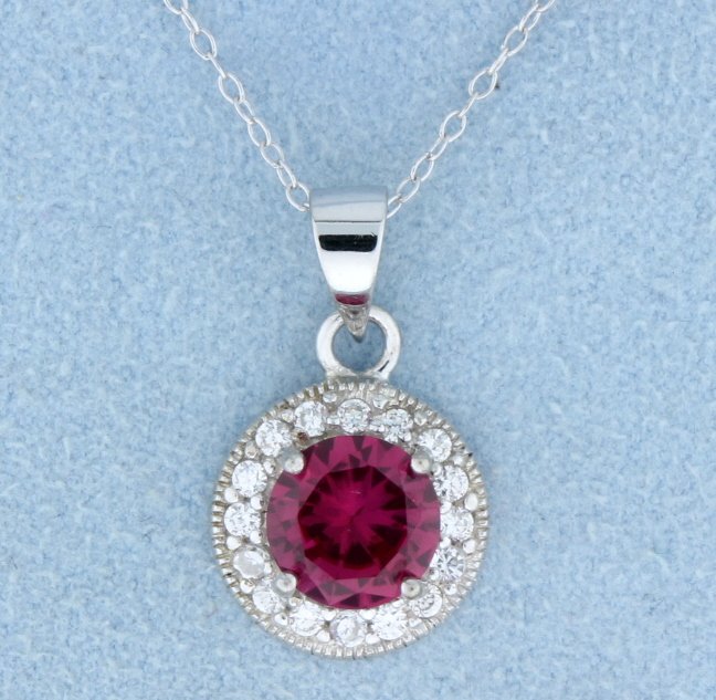 Lab Ruby pendant with white sapphires and sterling: Fantastic round Lab Ruby gemstone set in sterling silver pendant with white sapphires and sterling silver chain 2.5g