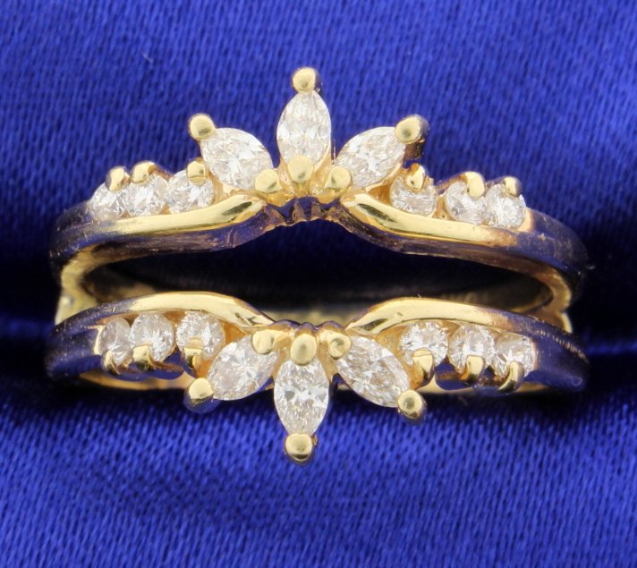 Diamond jacket for Solitaire ring: Fabulous 14k yellow gold diamond jacket perfect for your solitaire diamond ring! The slot will fit up to a 1.00 carat center diamond, or down to a 1/2 carat. There are 6 marquise diamonds and 12 brill