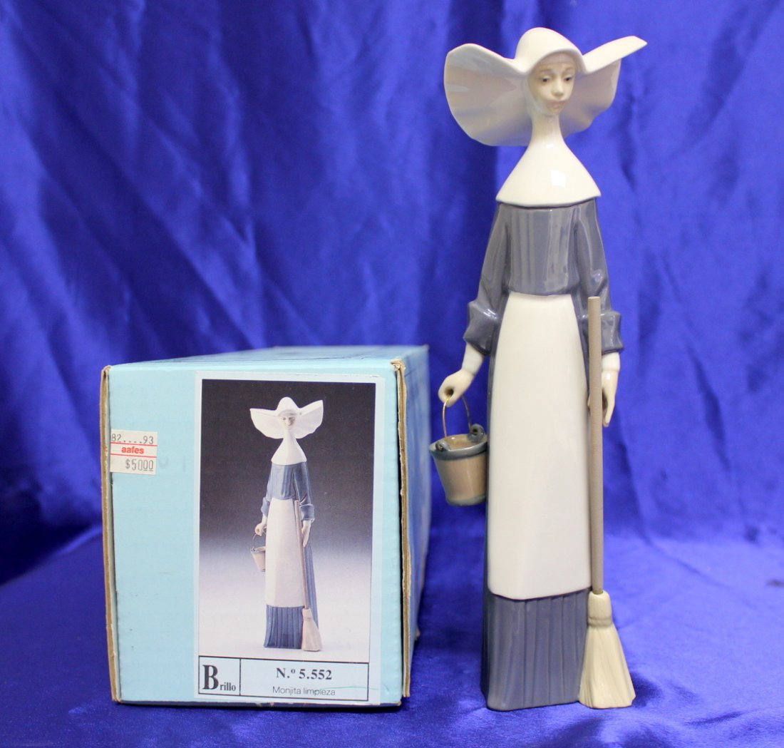 Lladro Figurine "Morning Chores": This beautiful Lladro Glazed Figurine Titled "Morning Chores" #5552 Nun With Mop & Bucket. This piece is in stunning condition no chips, crazing, or cracks. It measures 10 1/2 inches tall. Issued 