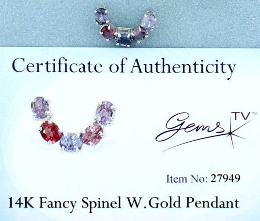 Fancy Spinel Gold Pendant: Beautiful 14k white gold pendant with 2.237 carats of Fancy Spinel. This piece was originally purchased from Gems TV and comes with Certificate of Authenticity. NO CHAIN 1.3g