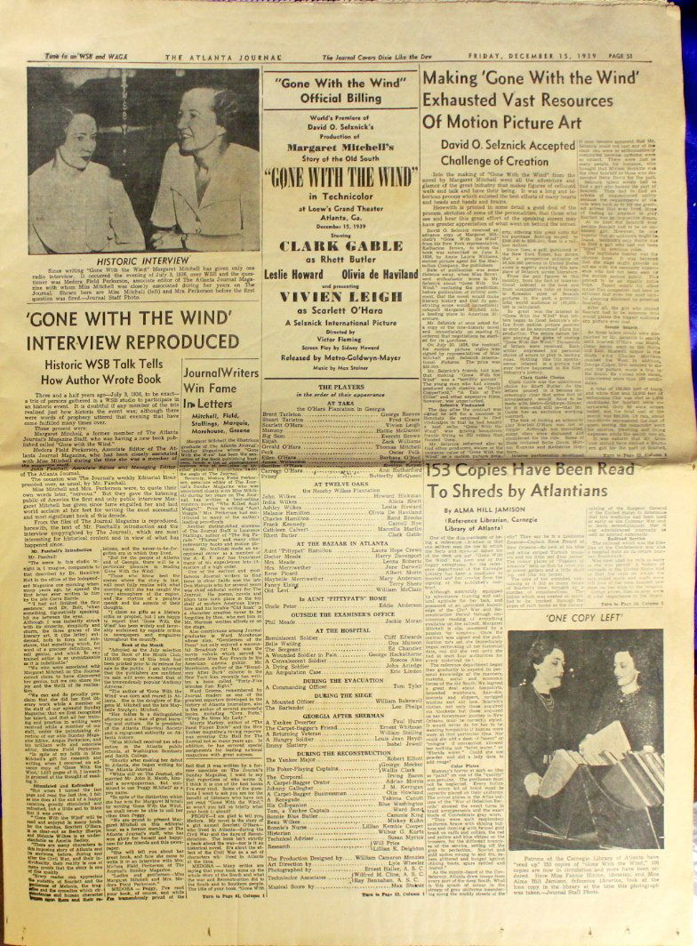 "Gone with the Wind" Atlanta Journal: "Gone with the Wind" Atlanta Journal Friday, Dec. 15th, 1939 Newspaper interview with Margaret Mitchell--tells us how she wrote the book. Has official billing too.