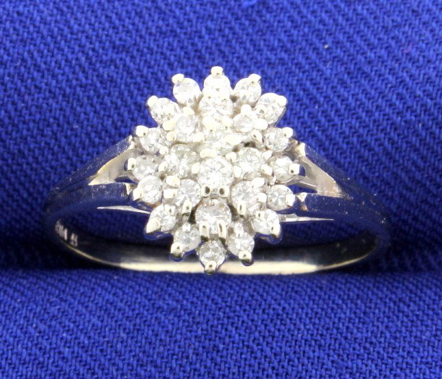 Vintage Cluster Diamond Ring: 14k White Gold with 26 diamonds round brilliant cut. Approx. weight 0.50 carats (1/2 ct). Clarity SI2-I1, Color H-I-J. Size 9. 2.9g