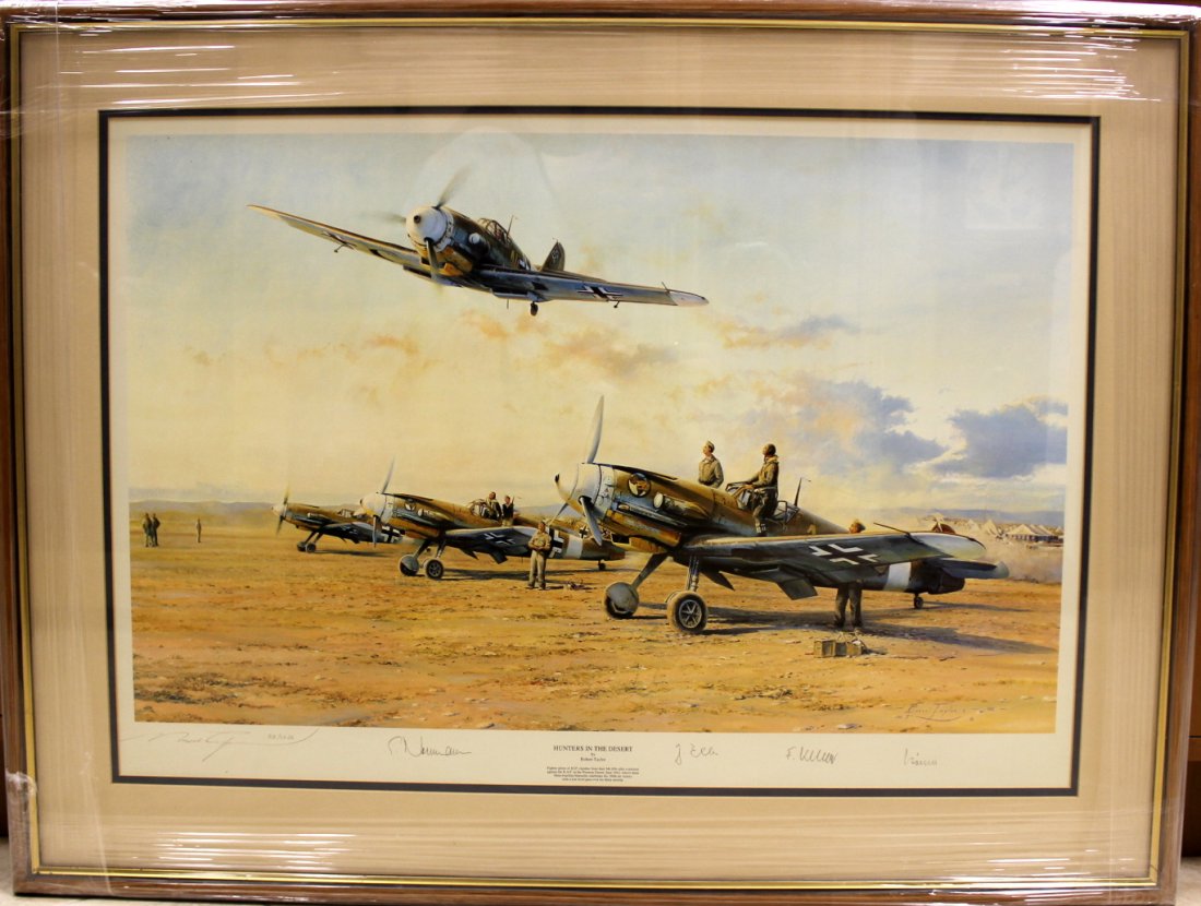 Hunters In The Desert by Robert Taylor Print Number: Hans-Joachim Marseille's jubilant low pass as he returns to his Desert airstrip having just achieved his 100th victory. In the foreground his fellow pilots are seen clambering out of their Me109's hav