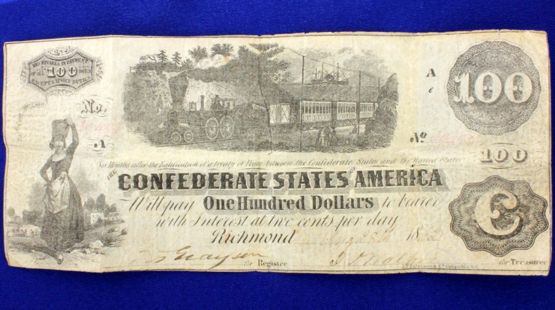 Civil War Confederate One Hundred Dollar Bill: Confederate One Hundred Dollar Bill Dated 1862. No rips or tears, in great condition for its age. There are fold marks as shown on picture. Extremely rare currency, especially in this condition