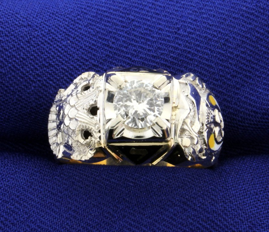 Vintage Masonic 32 Degree Diamond Mens 14k Ring: The condition is excellent and the diamond weighs 3/4 carat, round, clarity I1 and color H-I. The enamel is in like new condition! Size 10. 9.2g