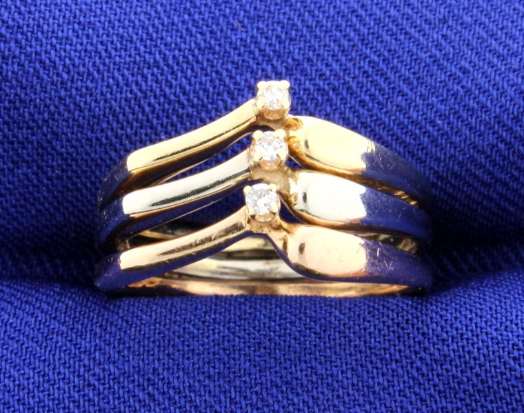 Tri colored Diamond ring: This beautiful tri color stack style 14k gold ring with diamonds is just lovely! The ring is a combination of white, yellow and rose gold. There are three brilliant cut diamonds that total approximate