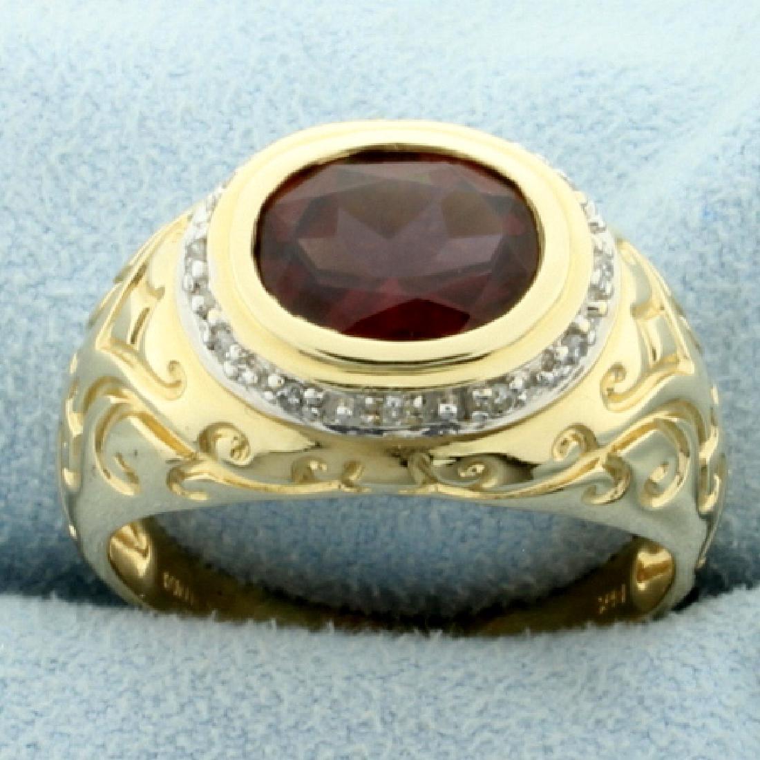 3ct Garnet Ring: In 14K yellow & white gold, the 10x8mm oval garnet has beautiful color & clarity. It also contains twelve 1/2pt round diamonds. Size 9 1/4 4.9g