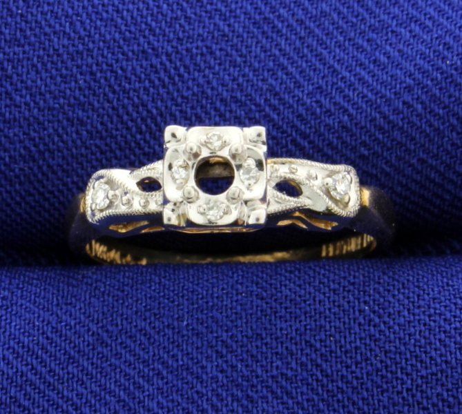 Vintage Diamond Ring Mounting: This beautiful Vintage Diamond Ring mounting is stunning and ready for a 0.12 carat diamond. There are two single cut diamonds that total 0.02 carats, VS clarity and G color. There are an additional 4
