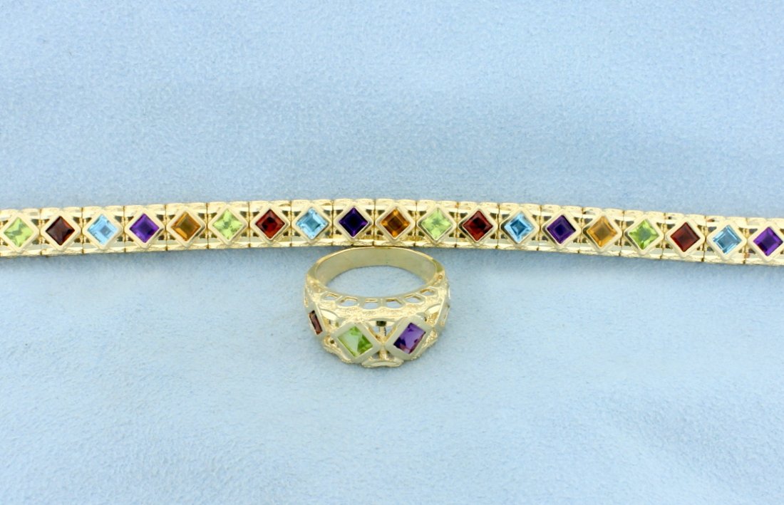 Ring and Bracelet matching set: Beautiful ring and bracelet matching set both in 14k yellow gold with Square Cut Gemstones. The gemstones are 4.5m x 4.5mm and include Amethyst, Peridot, Citrine, Garnet, and Topaz. There are 24 gems 
