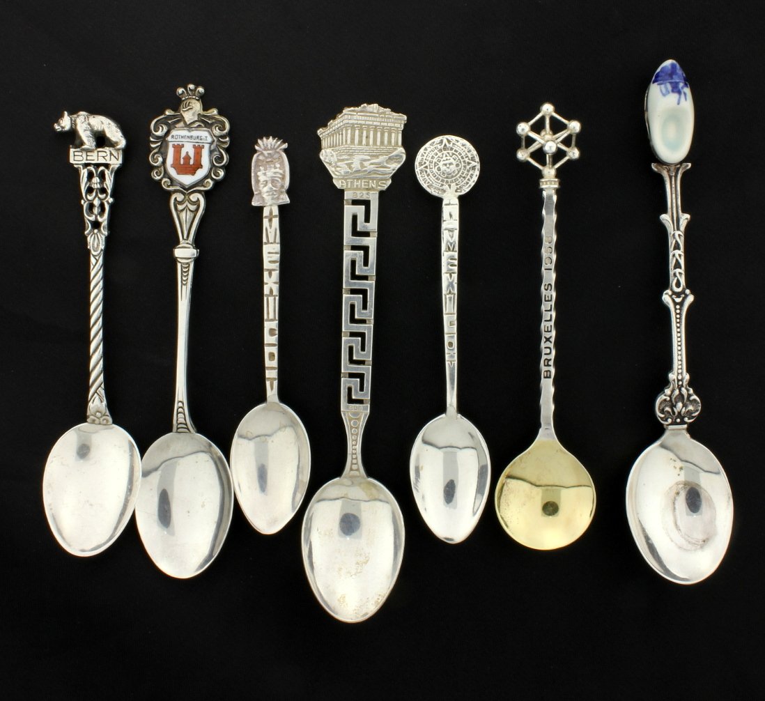 Set of 18 Sterling Silver Collector Spoons: Spoons range from 3 1/2 to 6 inches long. Origins from all over the world including Asia, Europe, & Central America! 164.1g