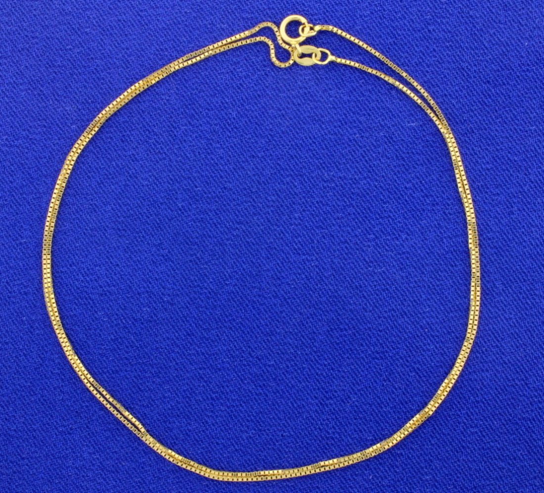 Italian Made 18 1/2 inch Box Chain: In 14K yellow gold it is .75mm thick. 1.4g