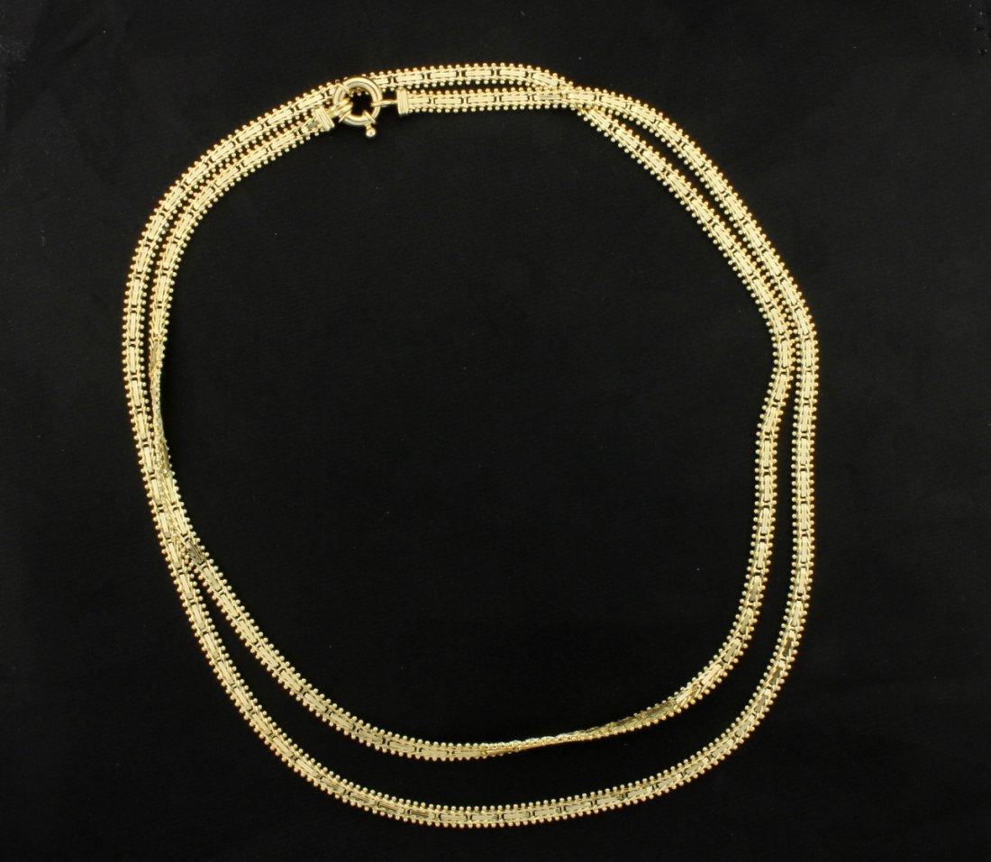 Unique 36 Inch 14K Yellow Gold Chain: Unusual long chain with gorgeous detail and secure clasp. Chain has sticks and balls of gold. 37.8g