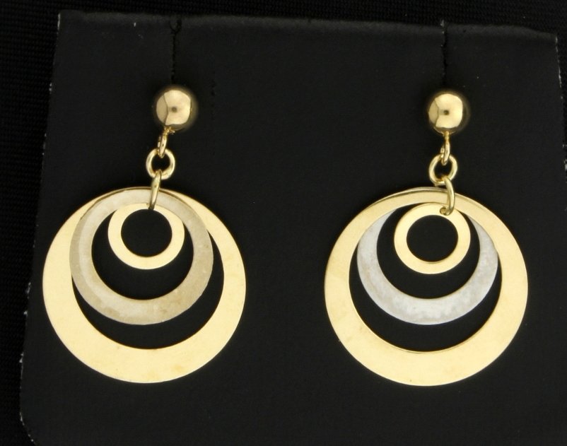 14K Dangle Earrings: In 14K yellow & white gold, they are 3/4 inch long and have three separated circles for more movement. 1.2g